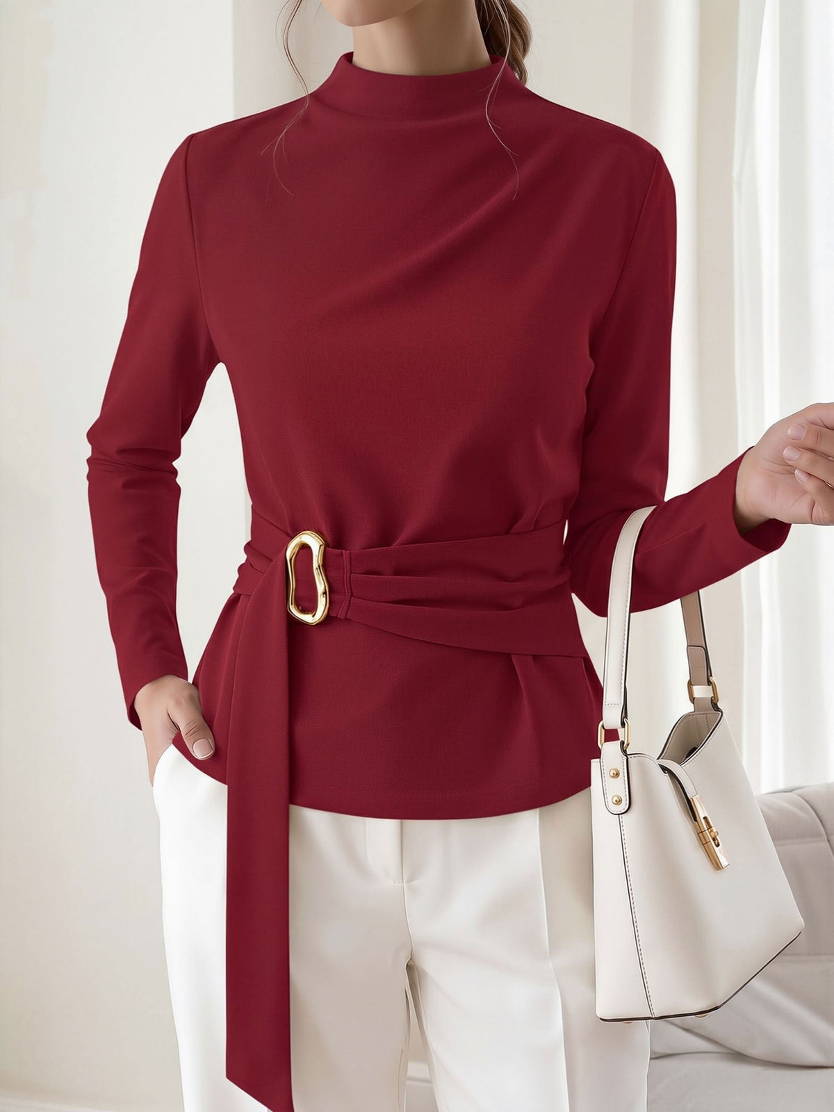 Mock Neck Long Sleeves Cinched Waist Blouse