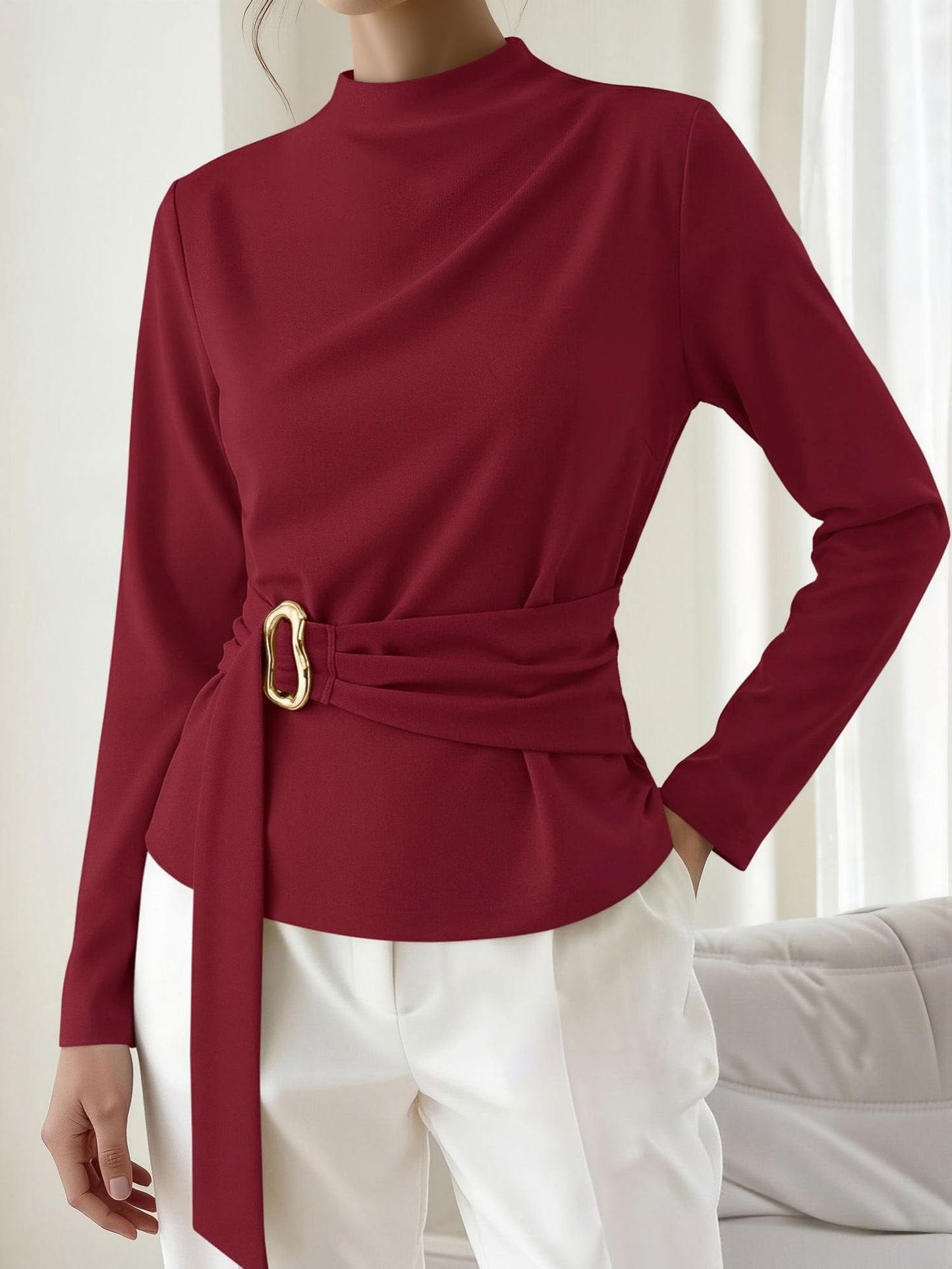 Mock Neck Long Sleeves Cinched Waist Blouse