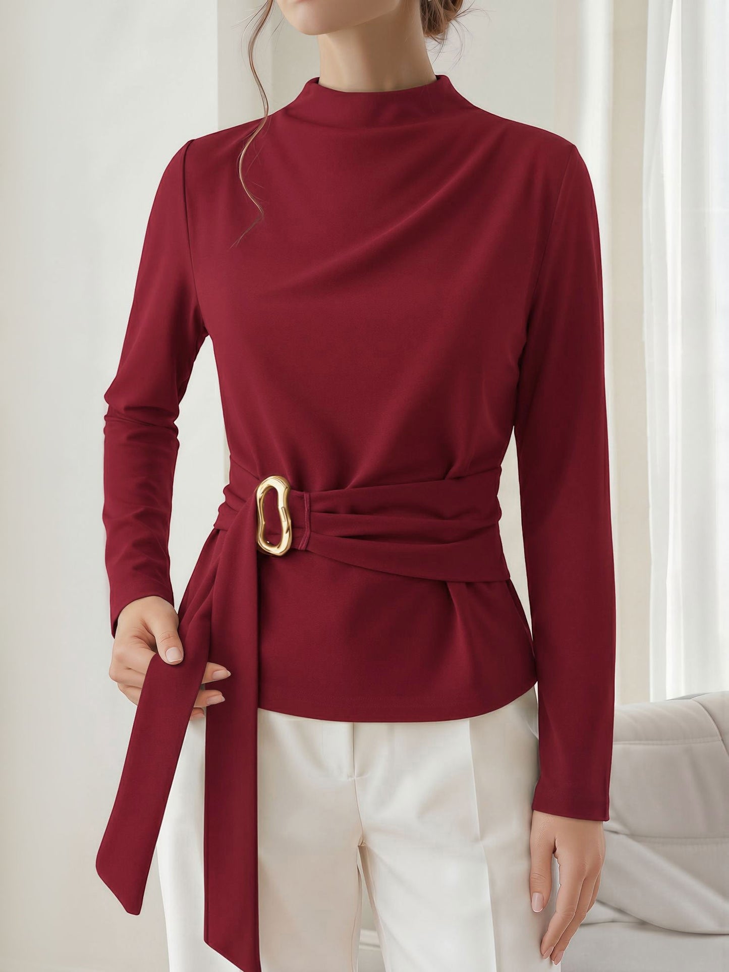 Mock Neck Long Sleeves Cinched Waist Blouse