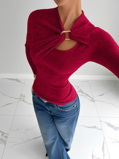 Metal Buckle Ruched Long Sleeves Slim Fit Top