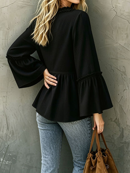 Loose Trumpet Sleeve Ruffled Trim V Neck Blouse