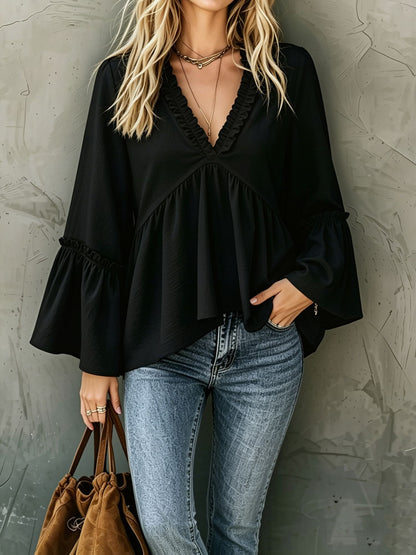 Loose Trumpet Sleeve Ruffled Trim V Neck Blouse