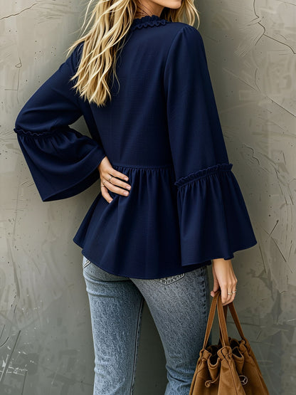 Loose Trumpet Sleeve Ruffled Trim V Neck Blouse