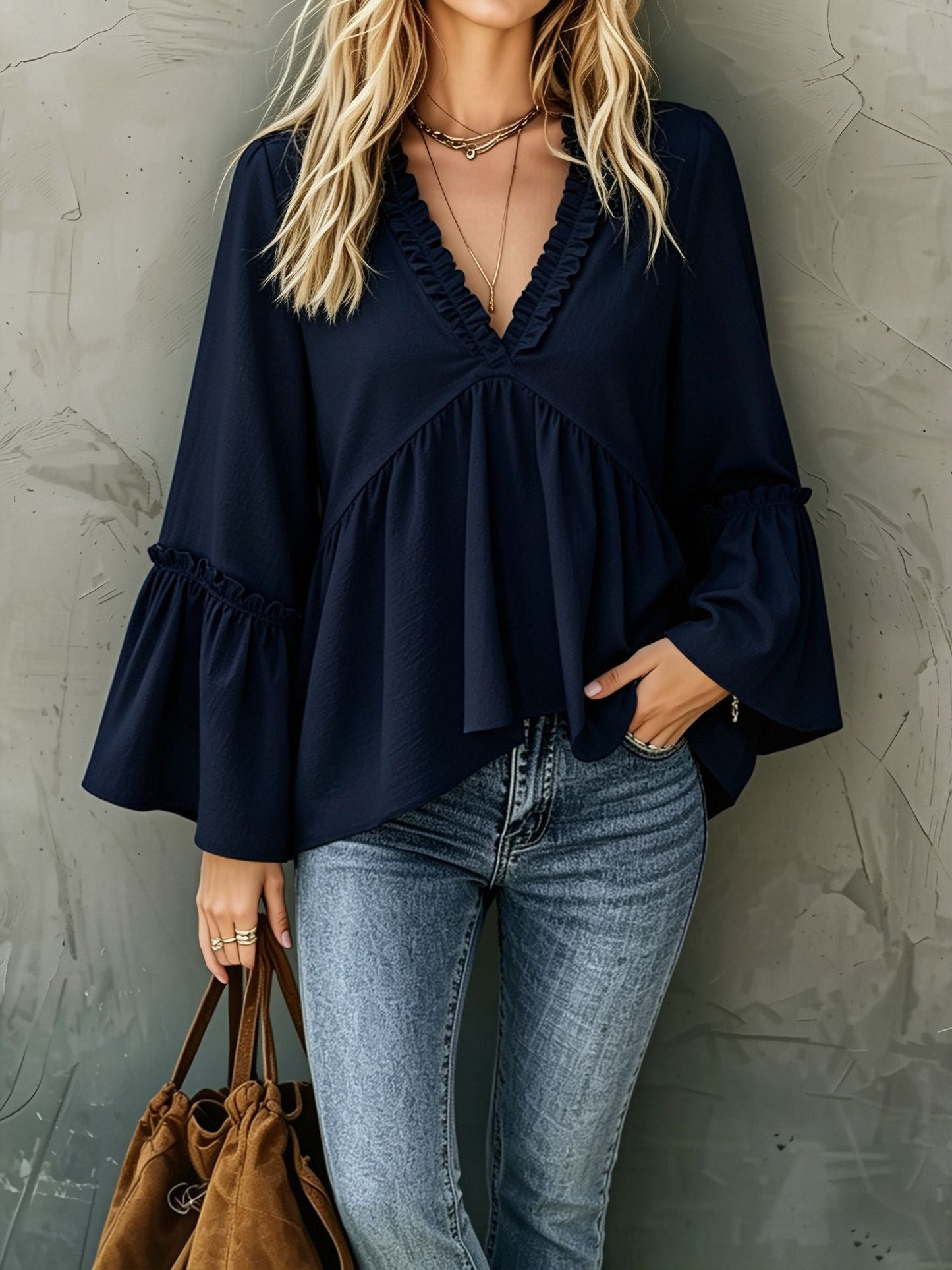 Loose Trumpet Sleeve Ruffled Trim V Neck Blouse