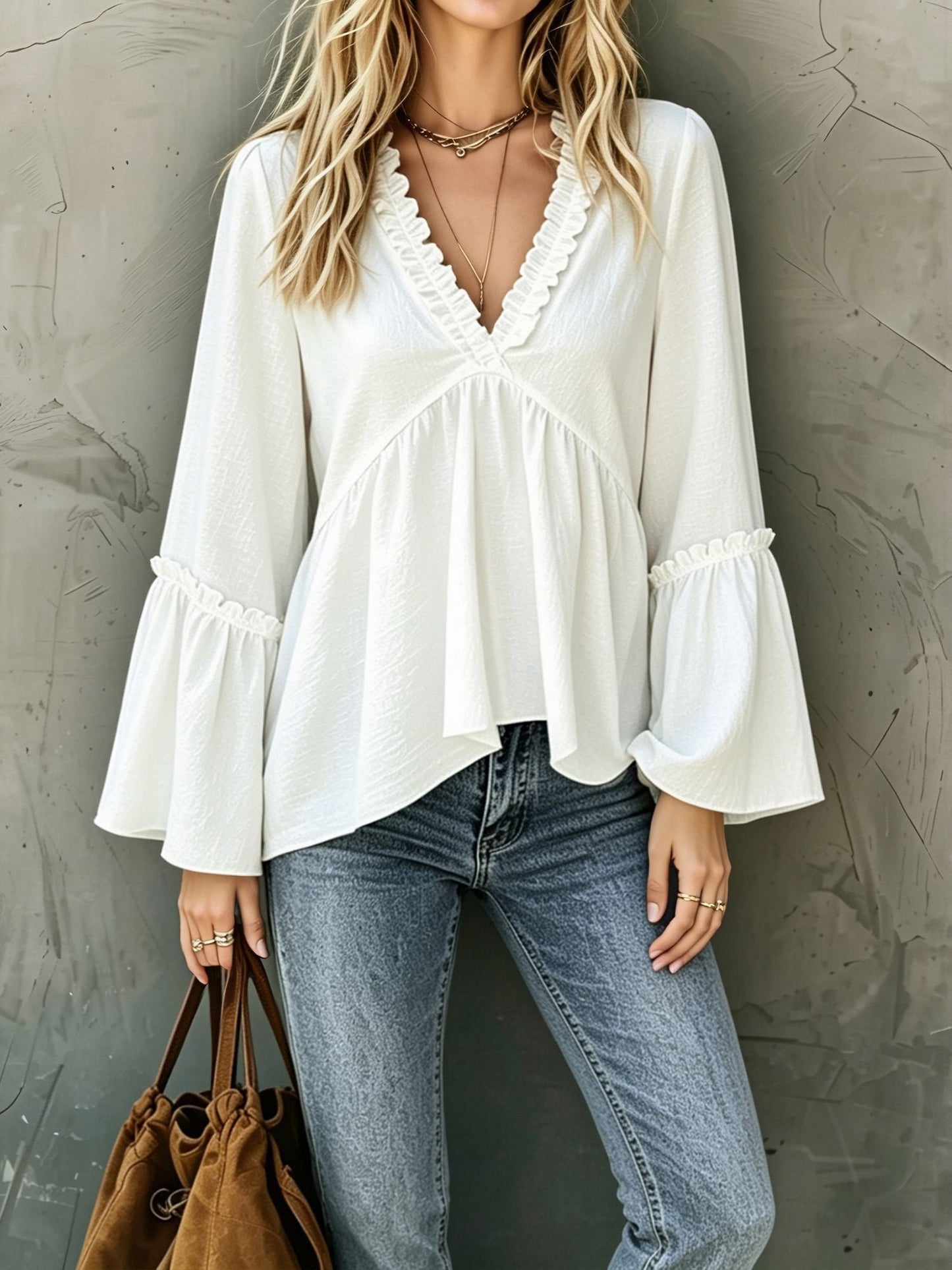 Loose Trumpet Sleeve Ruffled Trim V Neck Blouse