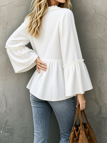 Loose Trumpet Sleeve Ruffled Trim V Neck Blouse