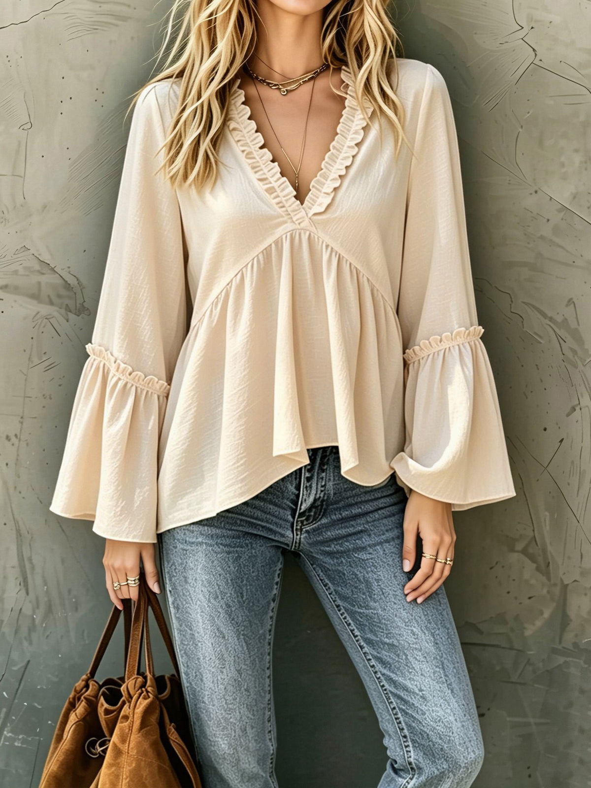 Loose Trumpet Sleeve Ruffled Trim V Neck Blouse