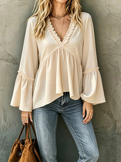 Loose Trumpet Sleeve Ruffled Trim V Neck Blouse