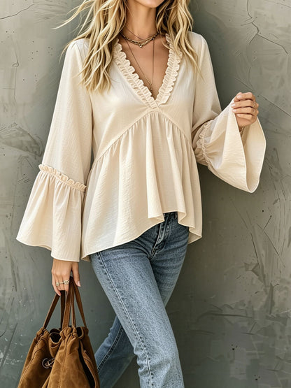 Loose Trumpet Sleeve Ruffled Trim V Neck Blouse