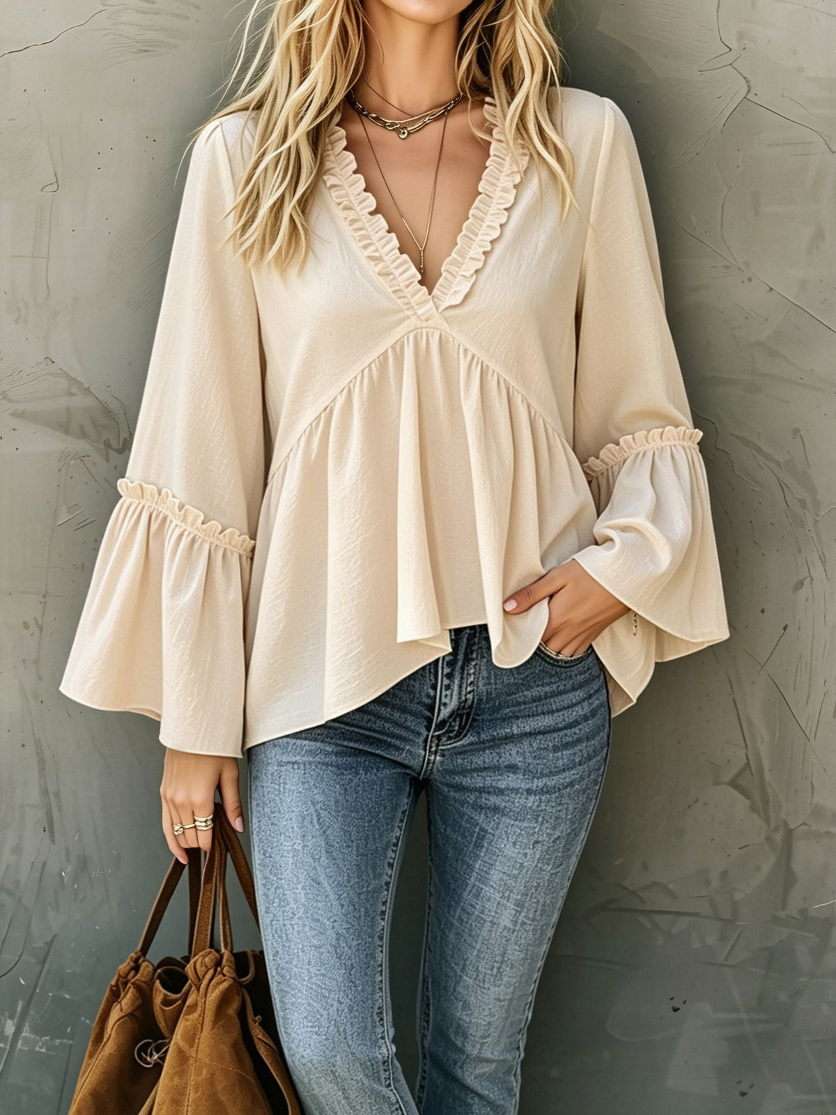 Loose Trumpet Sleeve Ruffled Trim V Neck Blouse