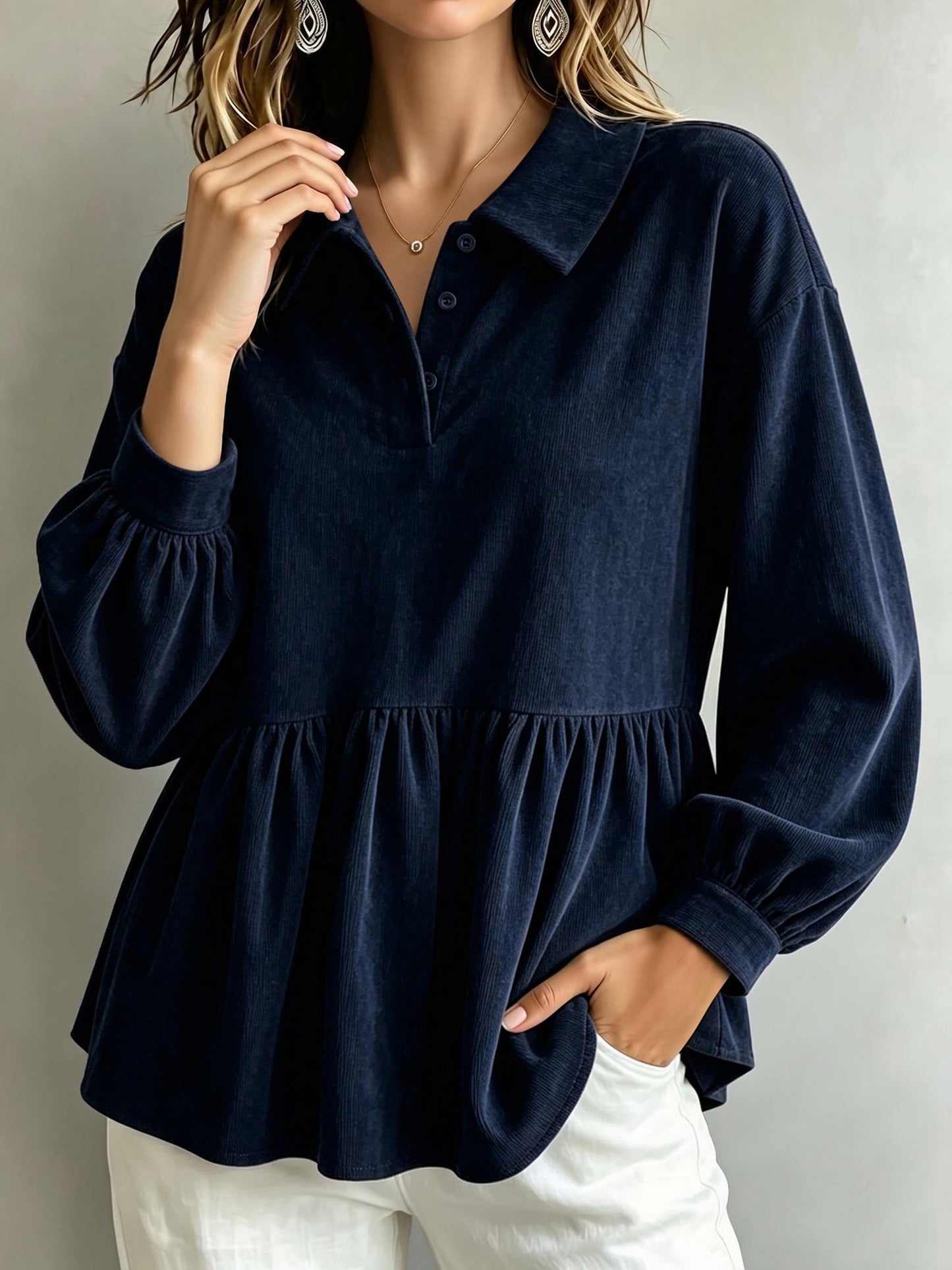 Corduroy Lantern Sleeve Solid Color Blouse