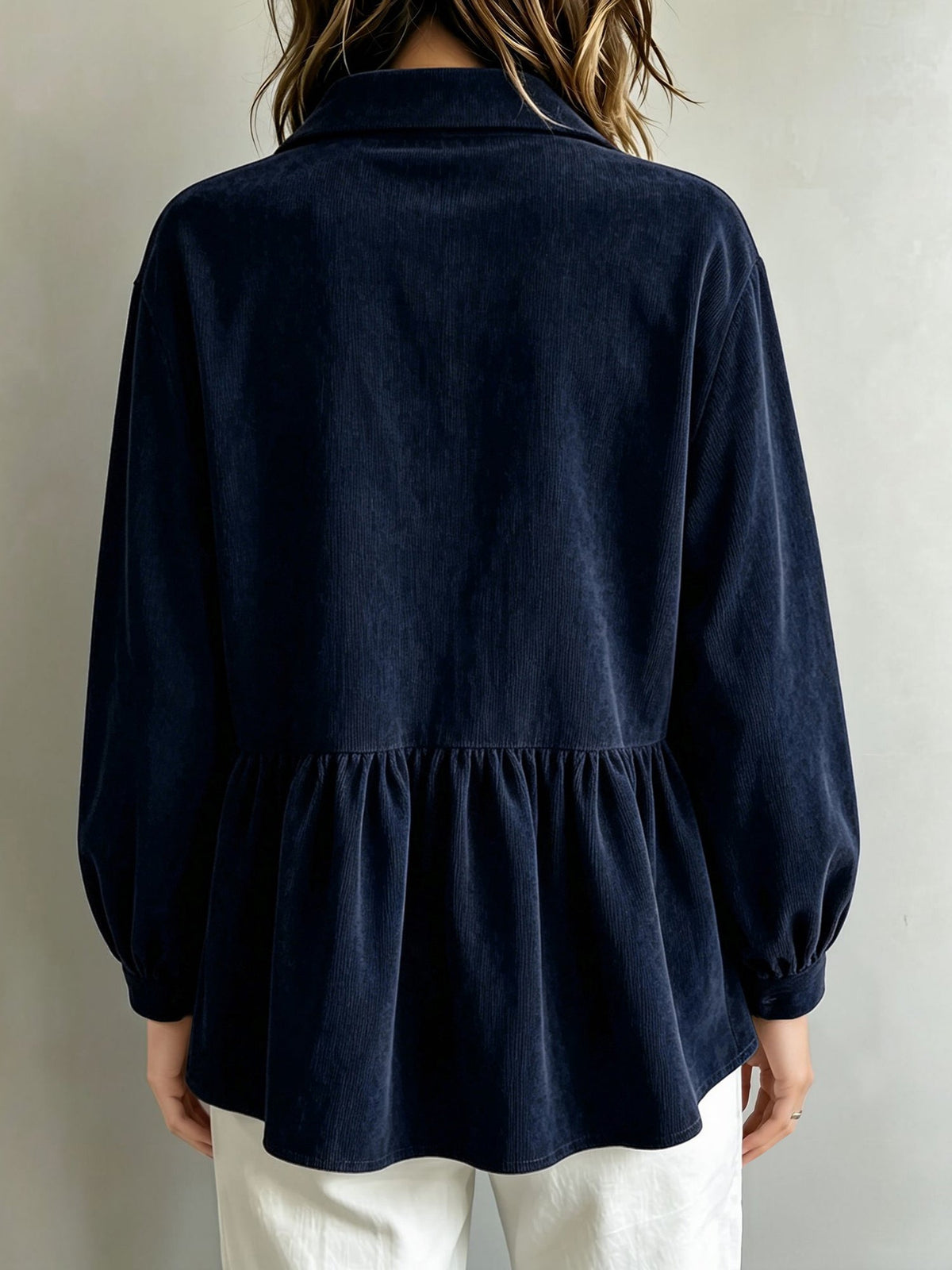 Corduroy Lantern Sleeve Solid Color Blouse
