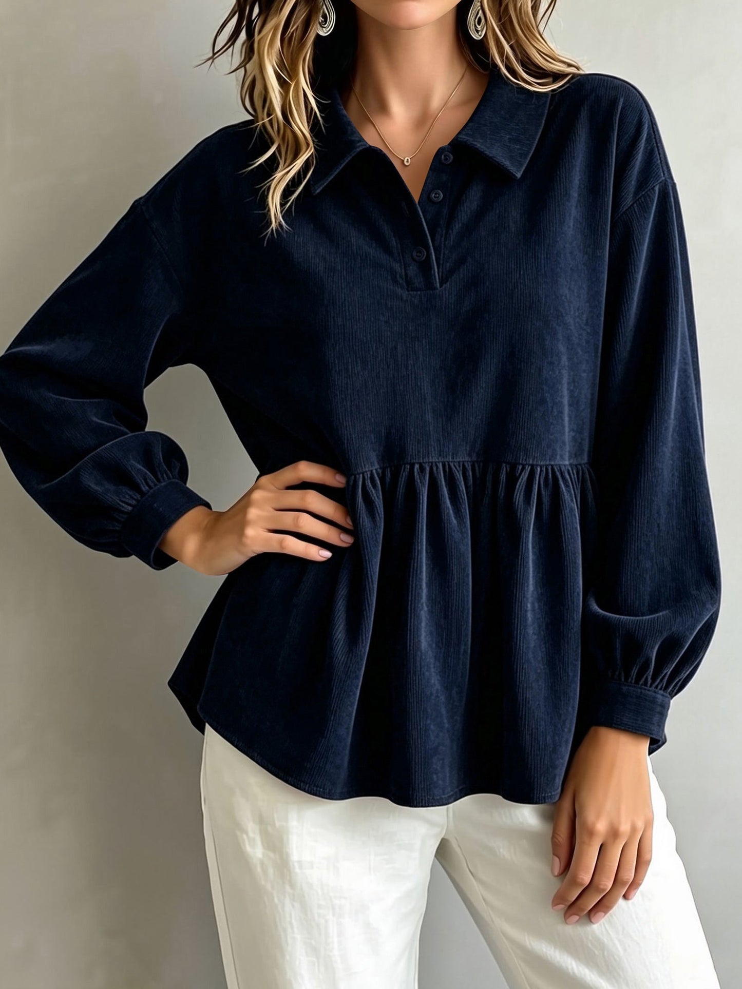 Corduroy Lantern Sleeve Solid Color Blouse