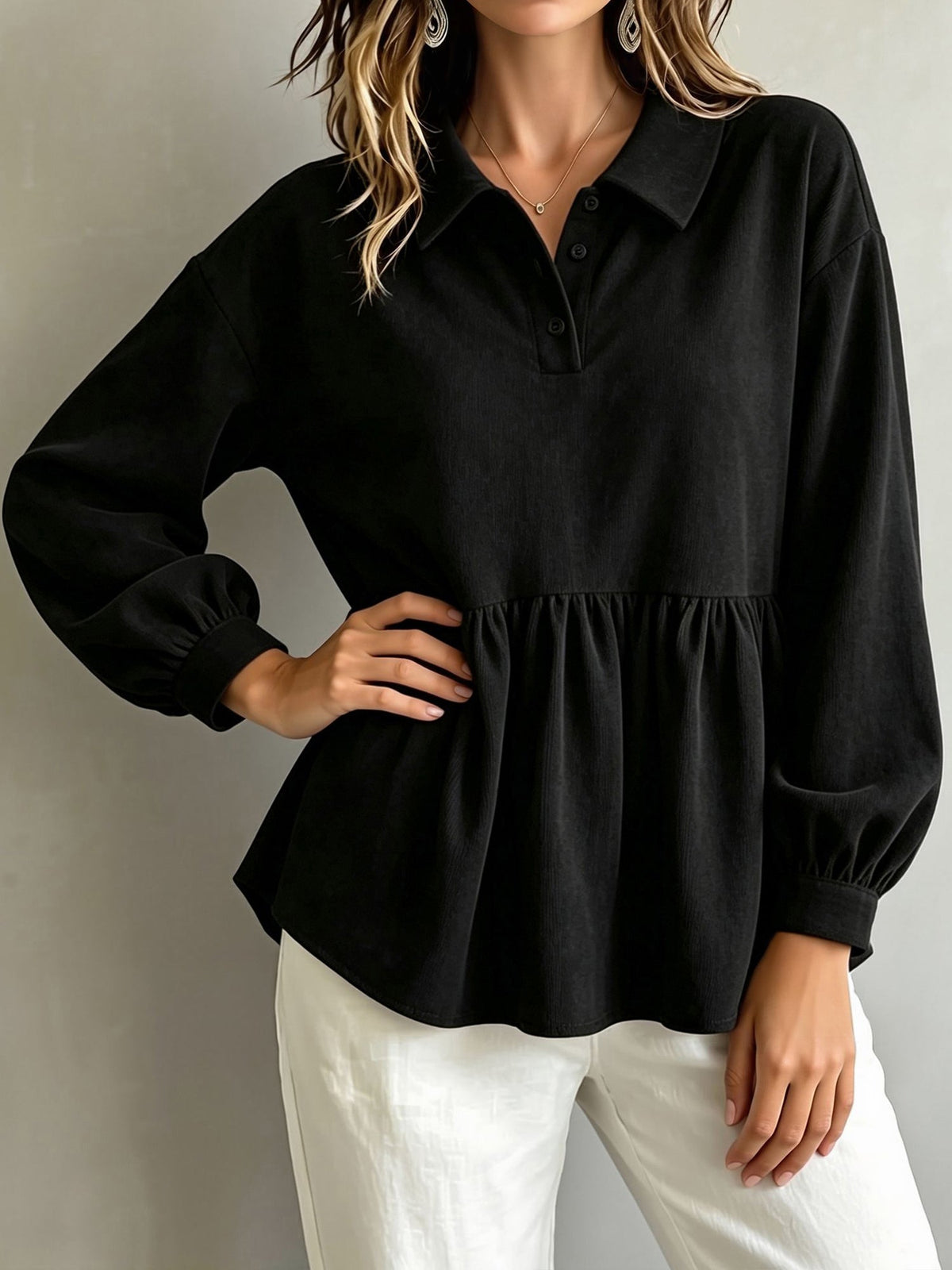Corduroy Lantern Sleeve Solid Color Blouse