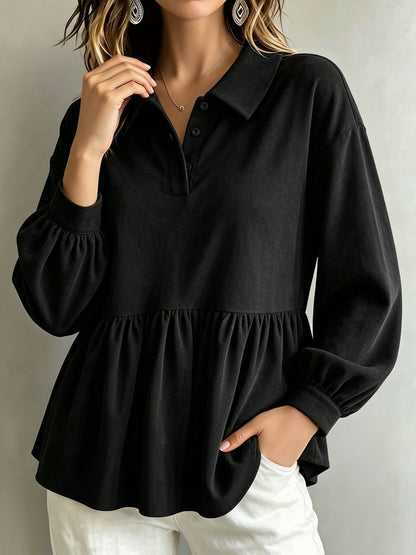 Corduroy Lantern Sleeve Solid Color Blouse