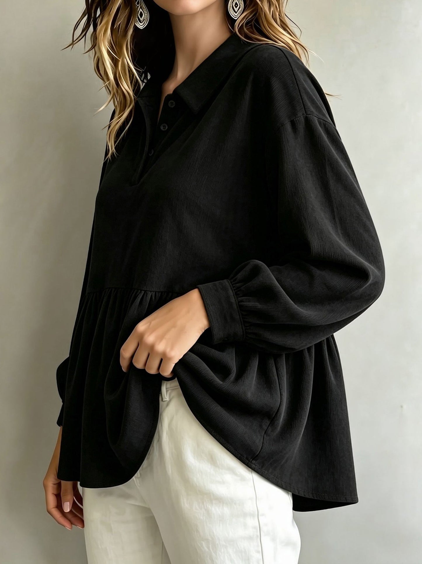 Corduroy Lantern Sleeve Solid Color Blouse