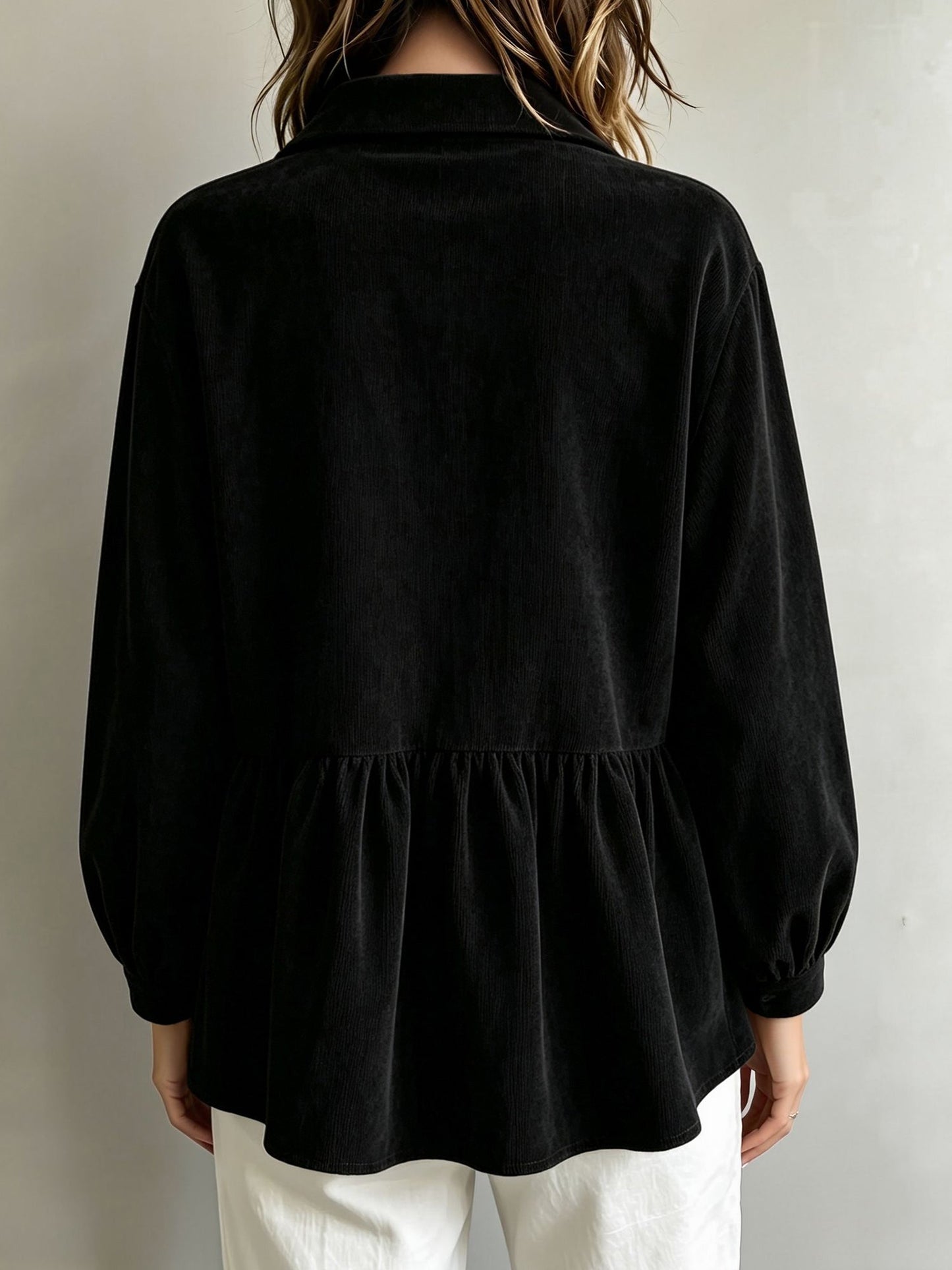 Corduroy Lantern Sleeve Solid Color Blouse