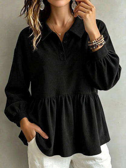 Corduroy Lantern Sleeve Solid Color Blouse