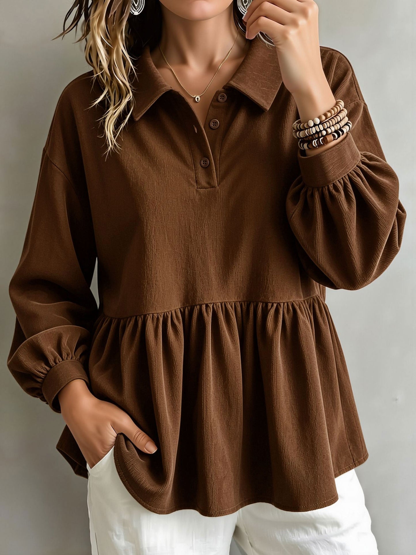 Corduroy Lantern Sleeve Solid Color Blouse