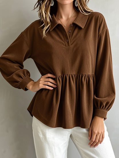 Corduroy Lantern Sleeve Solid Color Blouse
