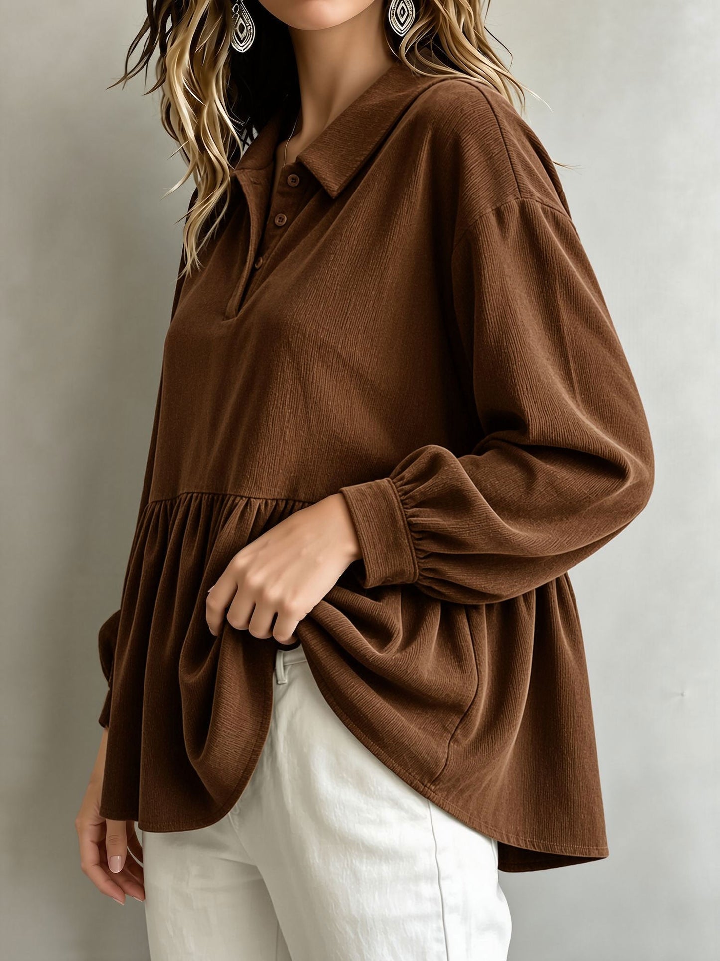 Corduroy Lantern Sleeve Solid Color Blouse
