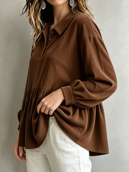Corduroy Lantern Sleeve Solid Color Blouse