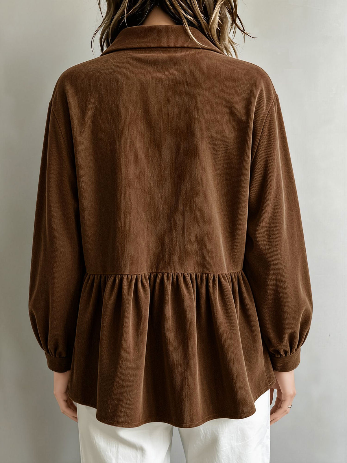 Corduroy Lantern Sleeve Solid Color Blouse