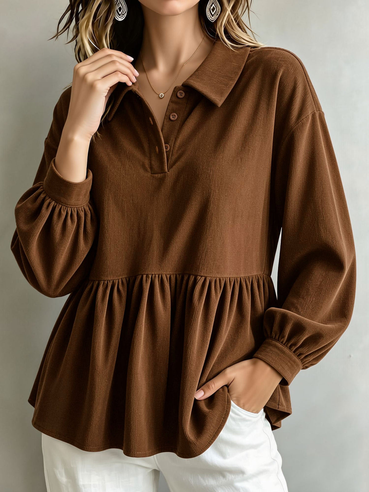 Corduroy Lantern Sleeve Solid Color Blouse