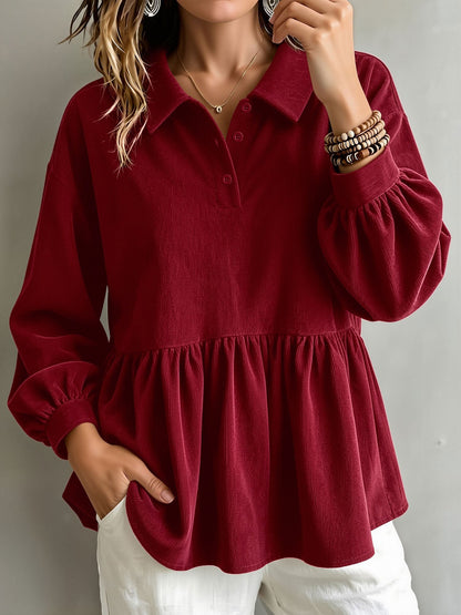 Corduroy Lantern Sleeve Solid Color Blouse