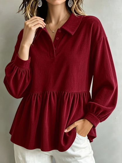 Corduroy Lantern Sleeve Solid Color Blouse