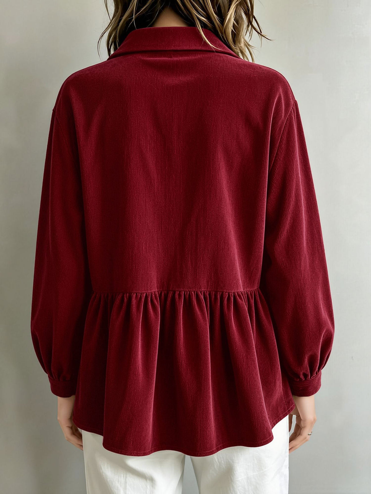 Corduroy Lantern Sleeve Solid Color Blouse