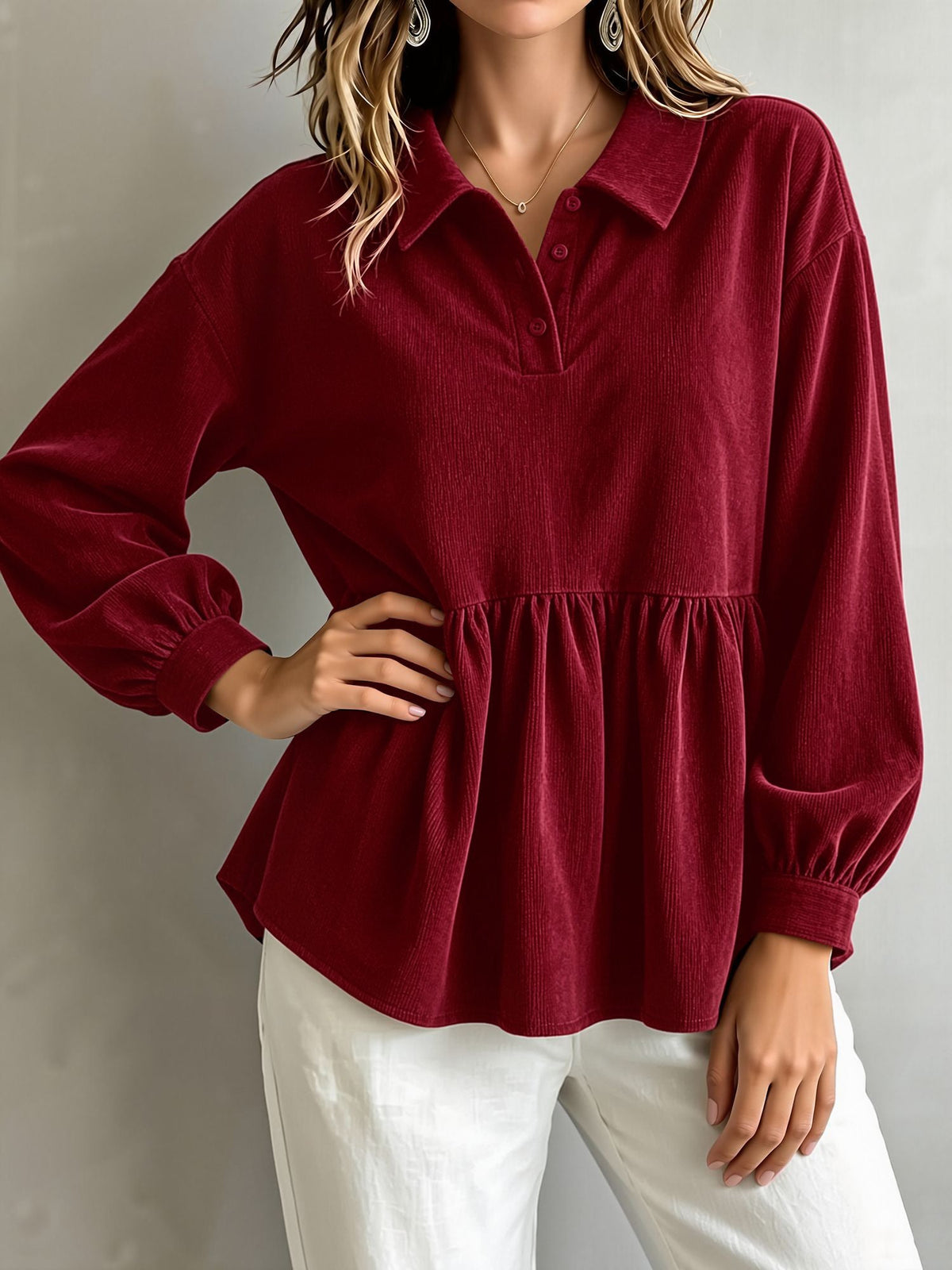 Corduroy Lantern Sleeve Solid Color Blouse