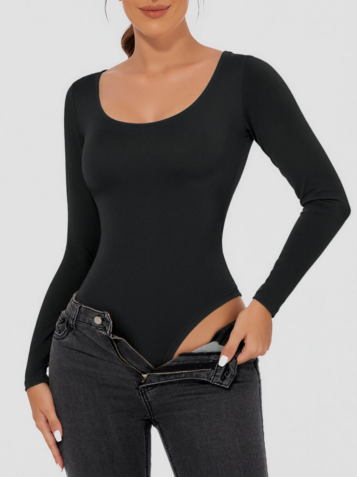 U Neck Long Sleeves Seamless Basic Bodysuit