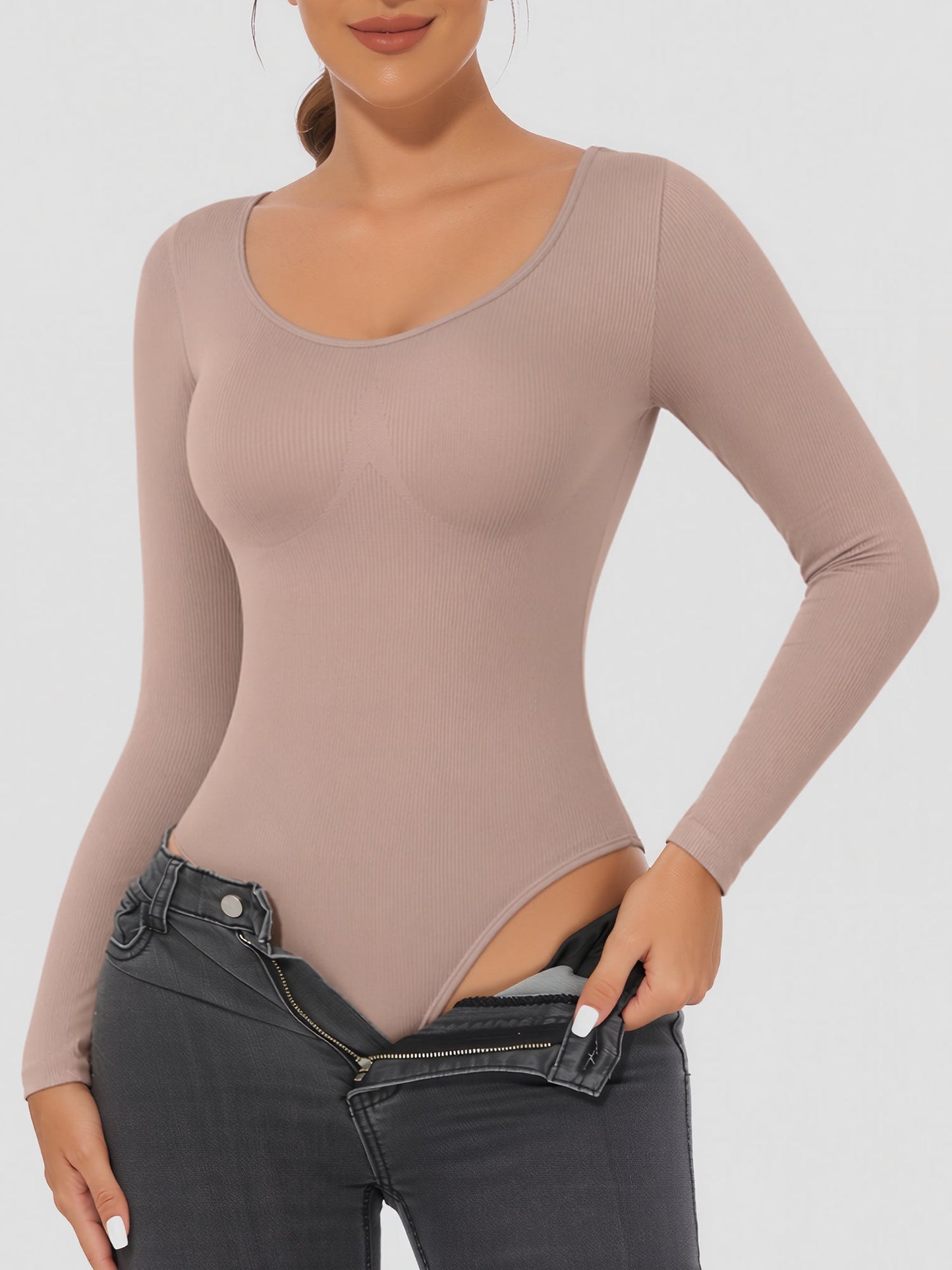 U Neck Long Sleeves Seamless Basic Bodysuit