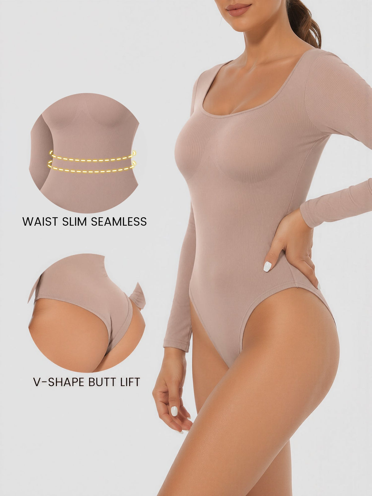 U Neck Long Sleeves Seamless Basic Bodysuit