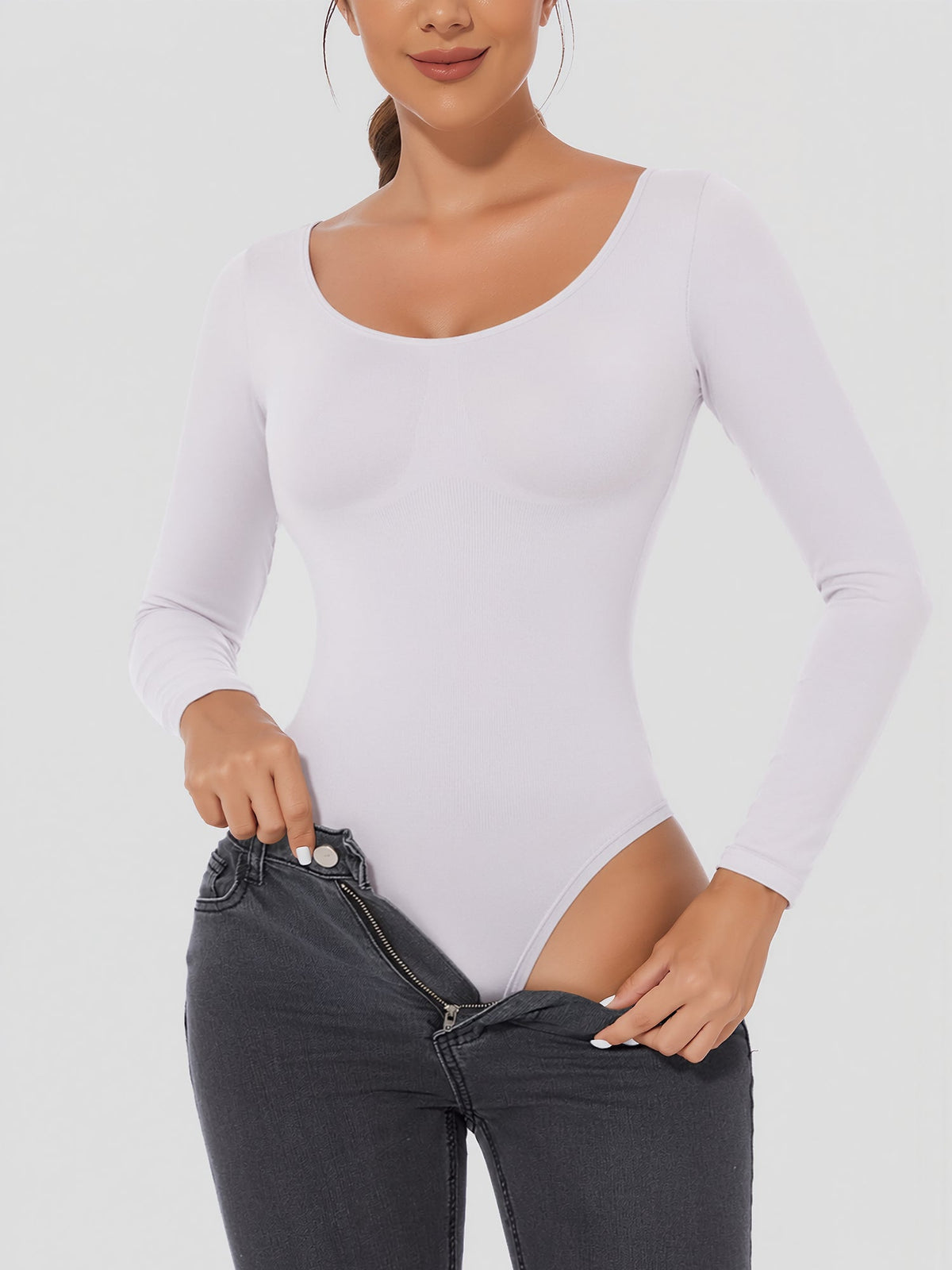 U Neck Long Sleeves Seamless Basic Bodysuit