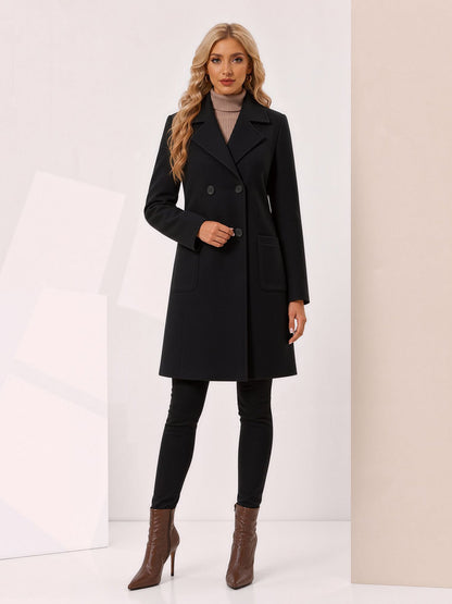 Notched Lapel Long Sleeves Mid Length Pea Coat