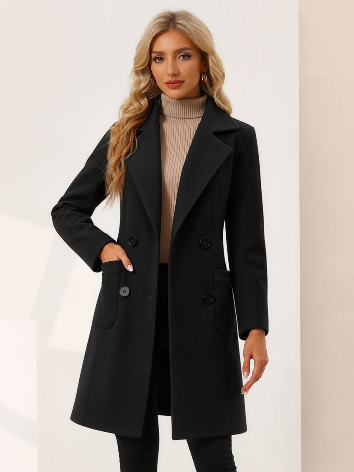 Notched Lapel Long Sleeves Mid Length Pea Coat
