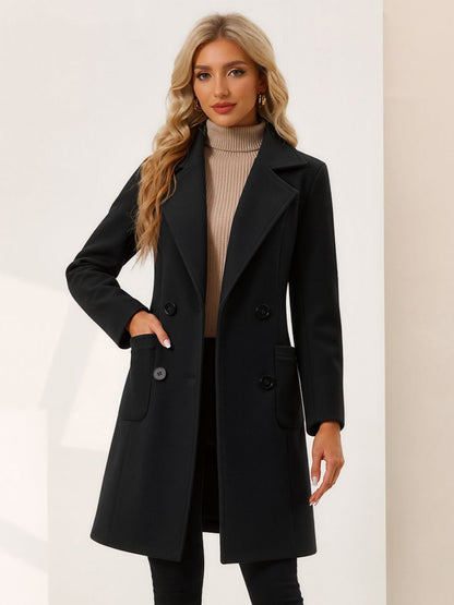 Notched Lapel Long Sleeves Mid Length Pea Coat