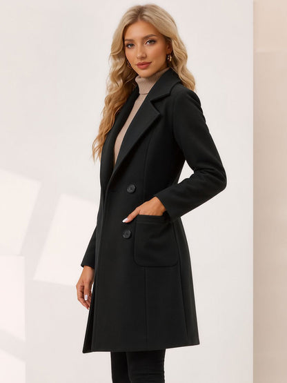 Notched Lapel Long Sleeves Mid Length Pea Coat
