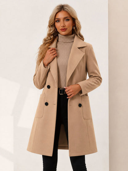Notched Lapel Long Sleeves Mid Length Pea Coat