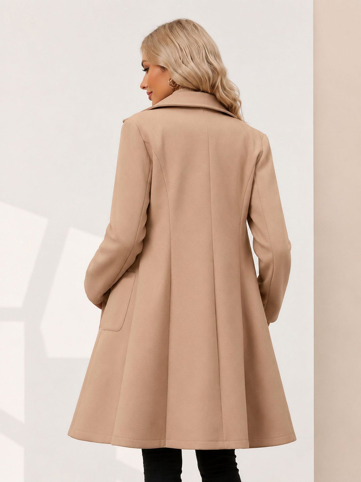 Notched Lapel Long Sleeves Mid Length Pea Coat