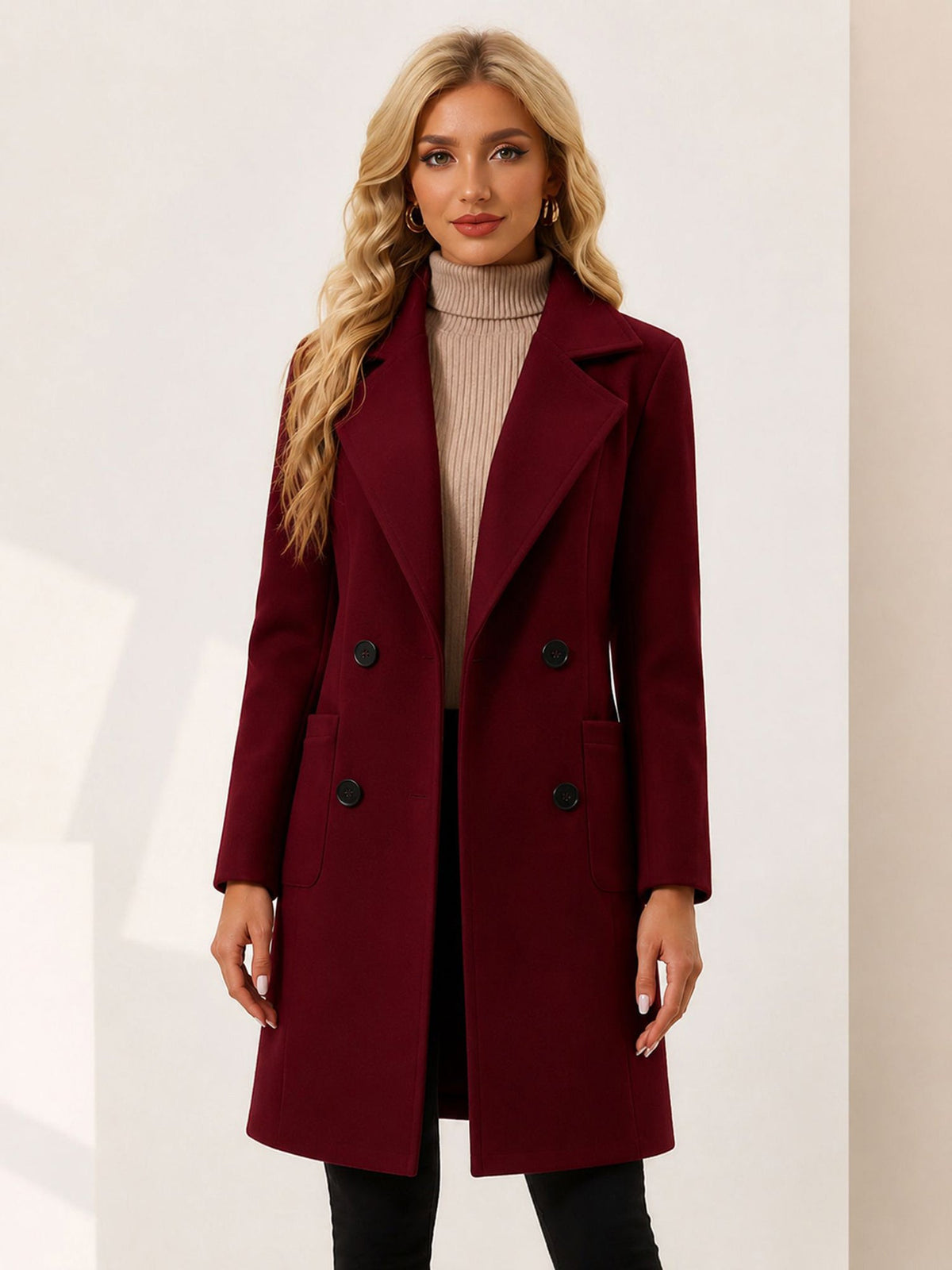 Notched Lapel Long Sleeves Mid Length Pea Coat