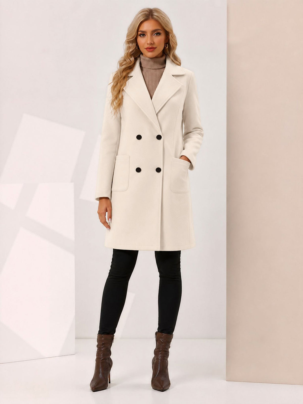 Notched Lapel Long Sleeves Mid Length Pea Coat