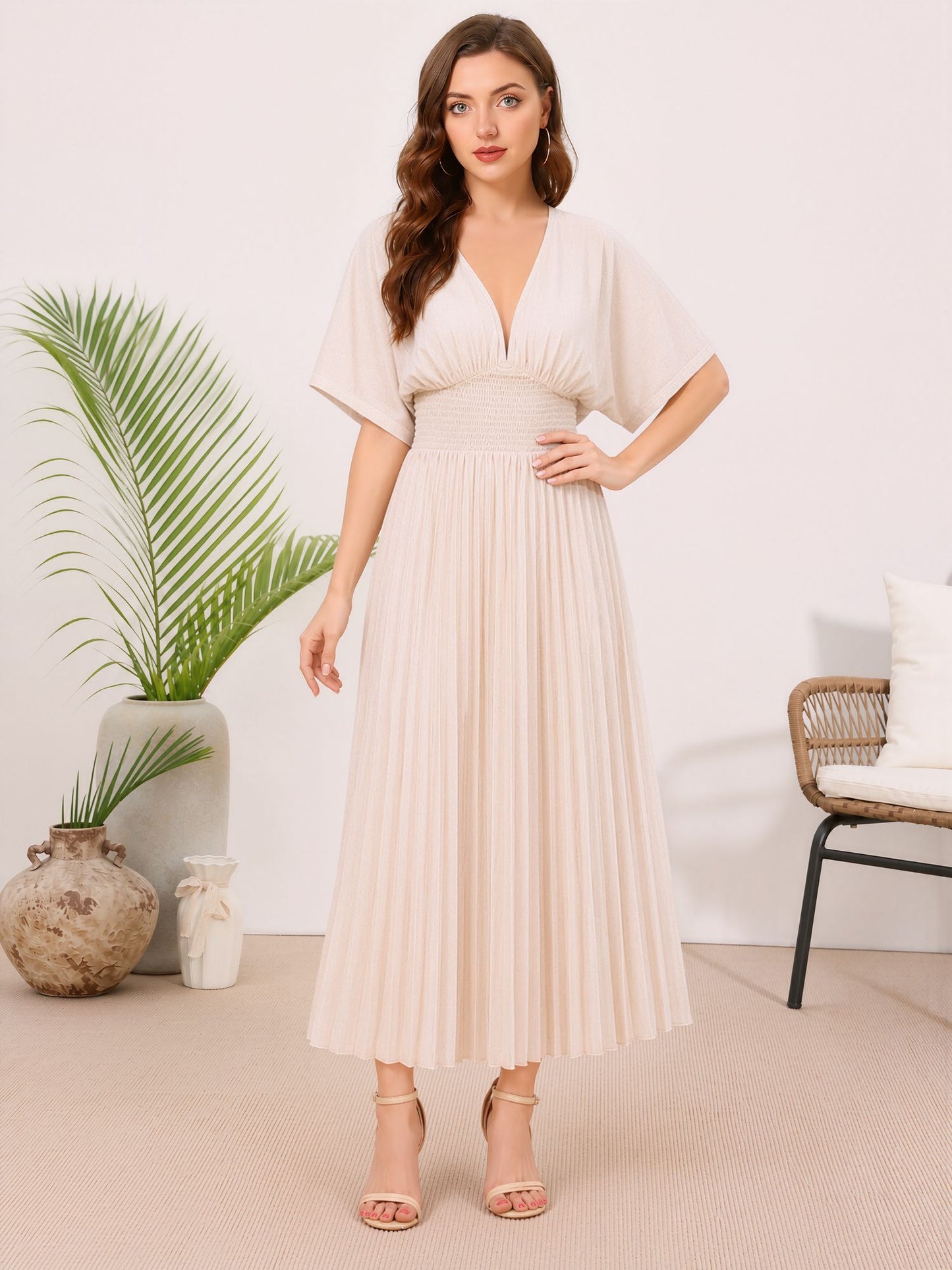 Bat Sleeves Smocked Waist Pleated A-Line Dress