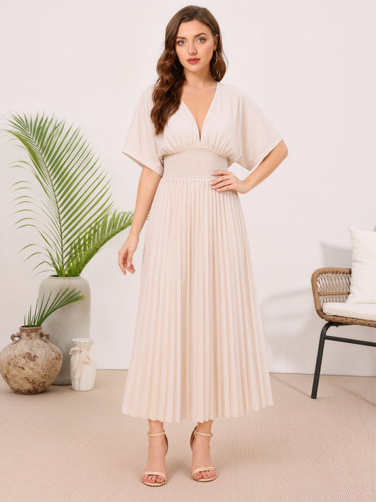Bat Sleeves Smocked Waist Pleated A-Line Dress