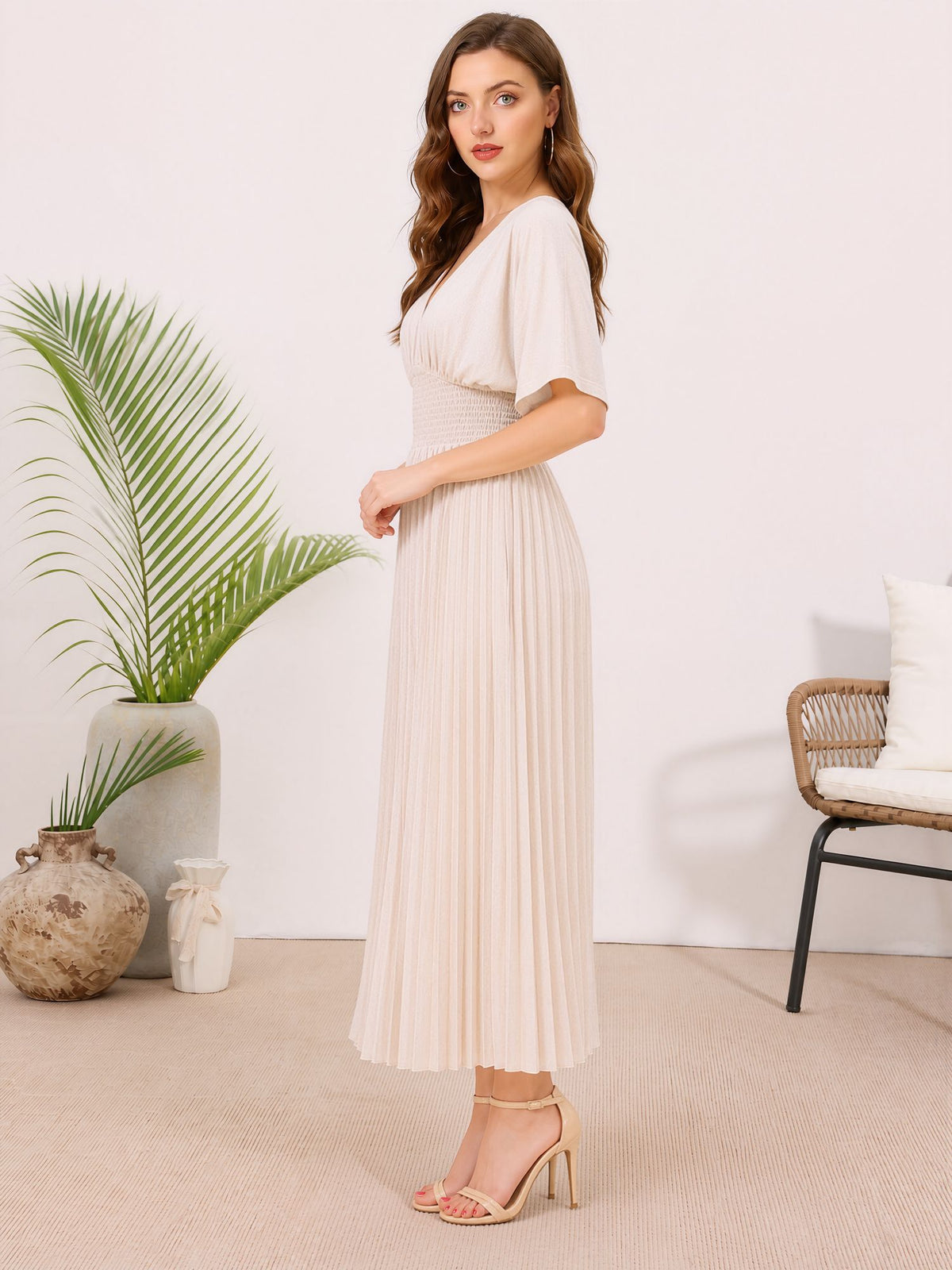 Bat Sleeves Smocked Waist Pleated A-Line Dress