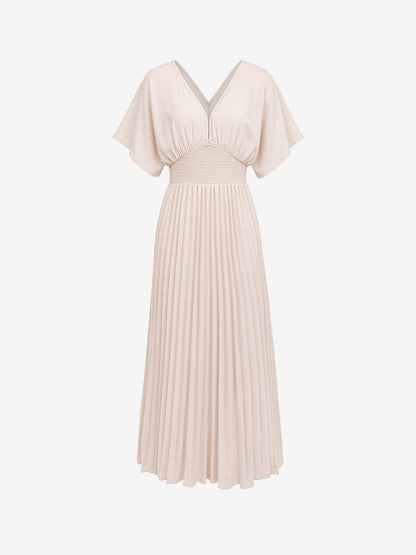 Bat Sleeves Smocked Waist Pleated A-Line Dress