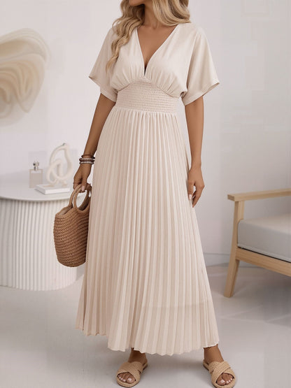 Bat Sleeves Smocked Waist Pleated A-Line Dress