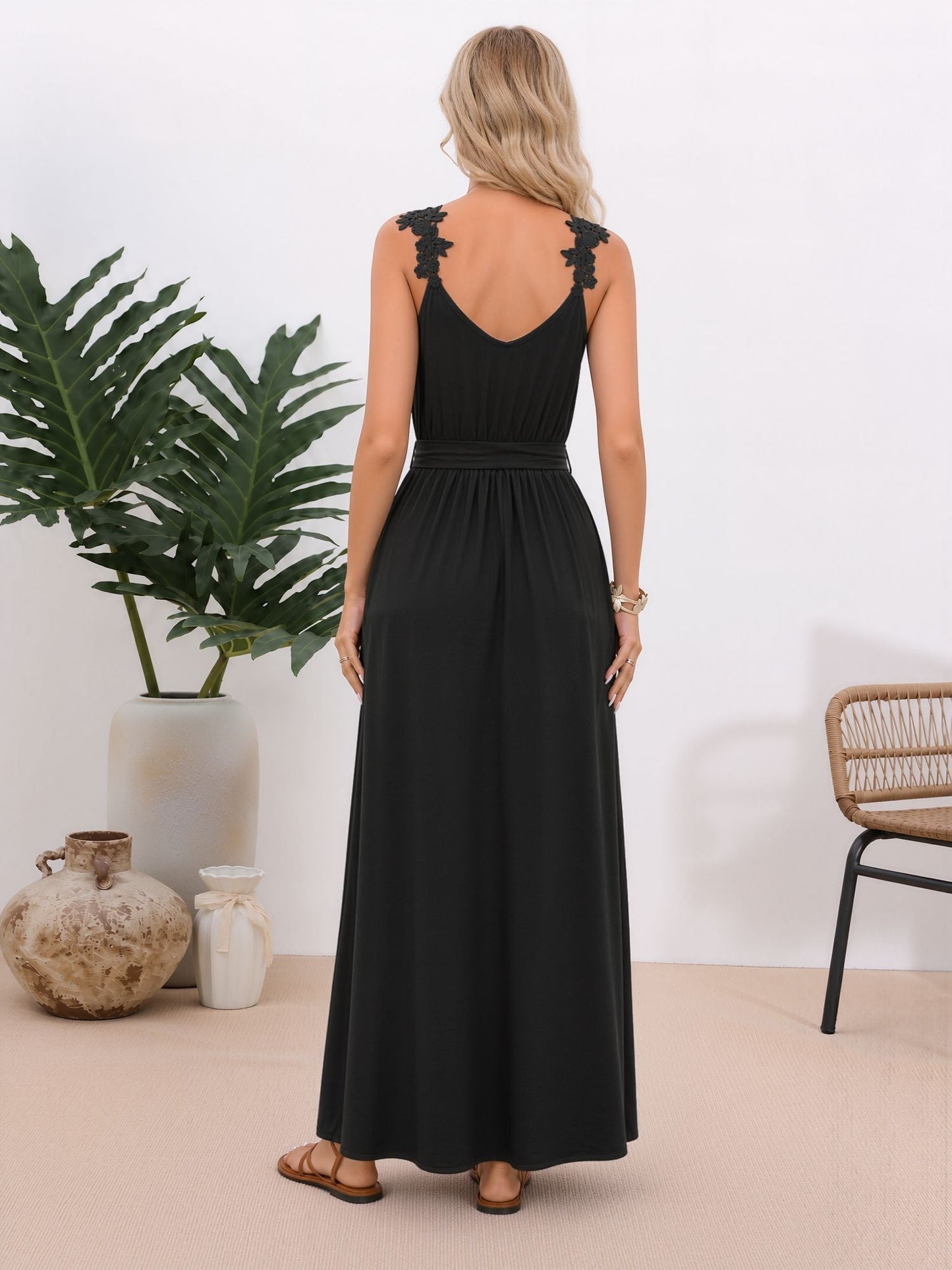 Lace Patchwork Sleeveless Belted Side Slit Dress